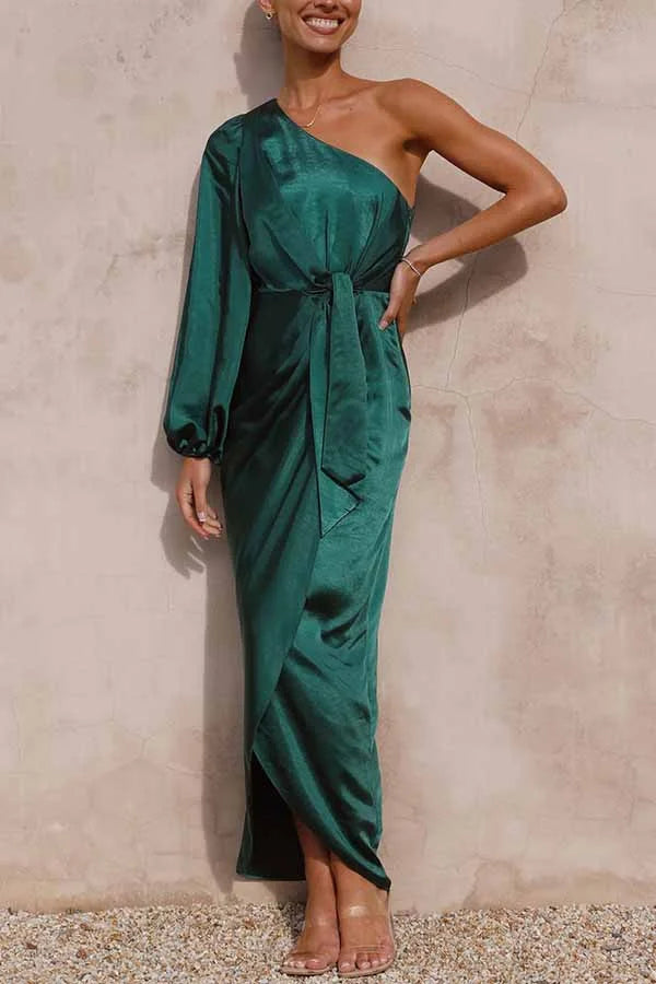 Endearing Romance Satin One Shoulder Front Tie Up Slit Maxi Dress Simple atmospheric beautiful and unique desi