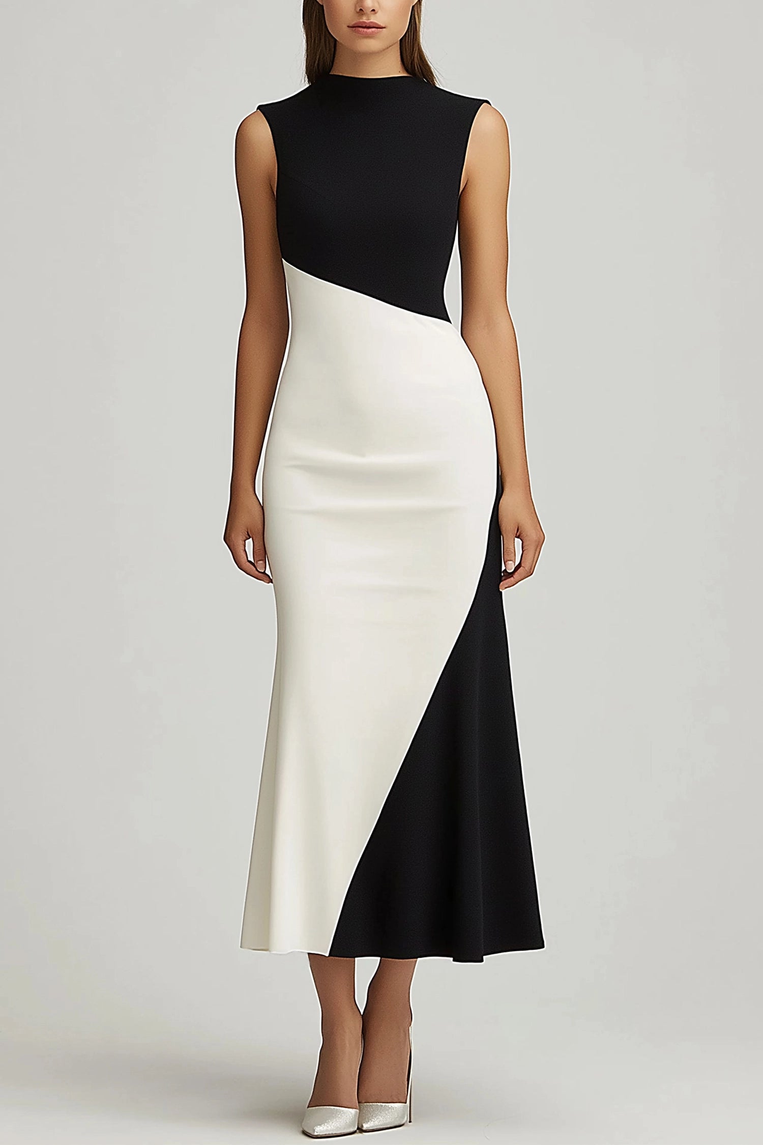 Simple beautiful generous and full of charm Prom Party Dress Sleeveless Black and White Colorblock High Neck Maxi Dress