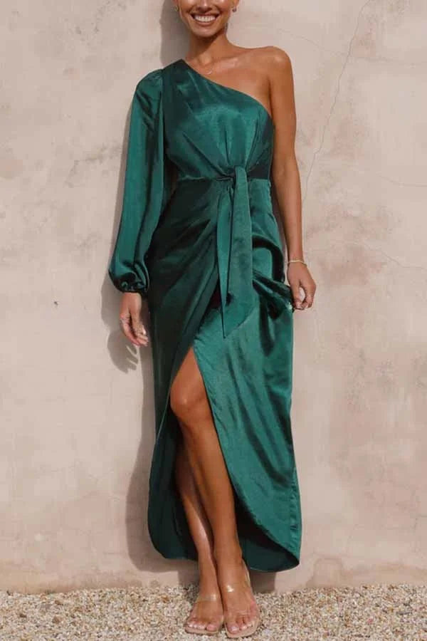 Endearing Romance Satin One Shoulder Front Tie Up Slit Maxi Dress Simple atmospheric beautiful and unique desi