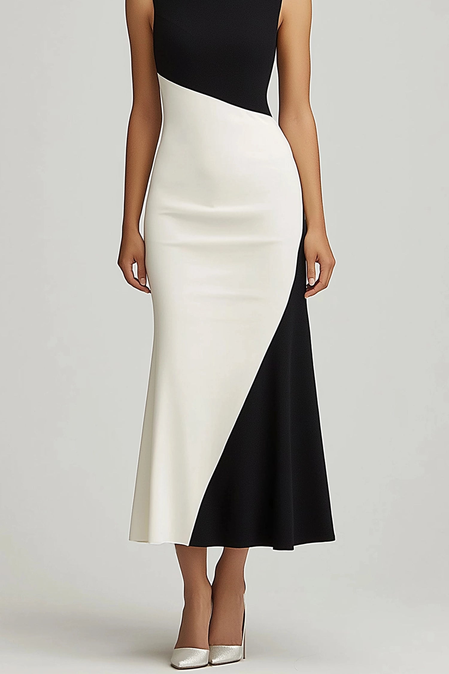 Simple beautiful generous and full of charm Prom Party Dress Sleeveless Black and White Colorblock High Neck Maxi Dress