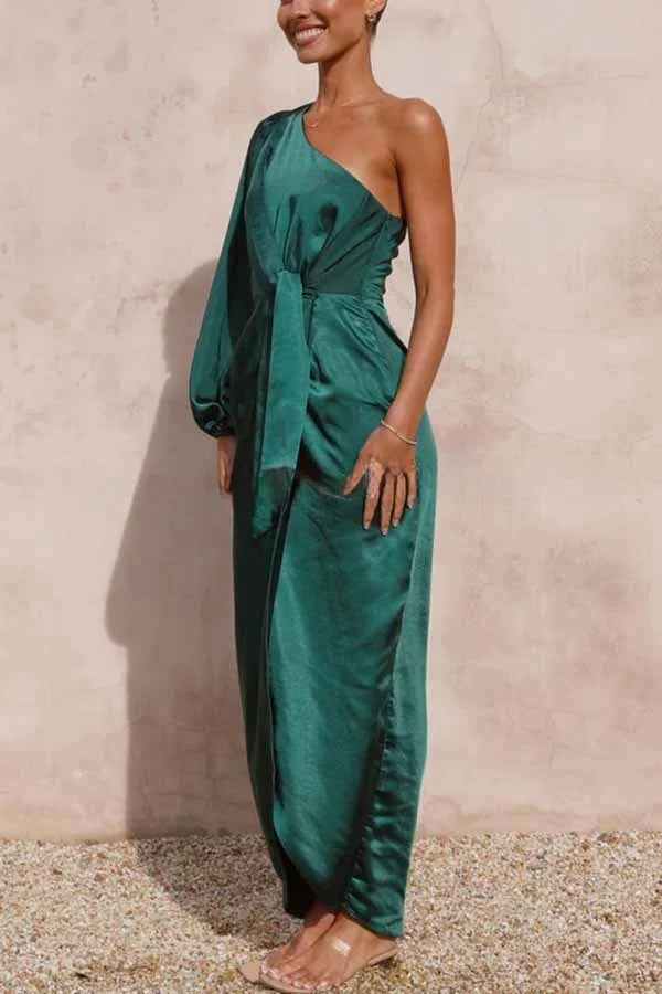 Endearing Romance Satin One Shoulder Front Tie Up Slit Maxi Dress Simple atmospheric beautiful and unique desi