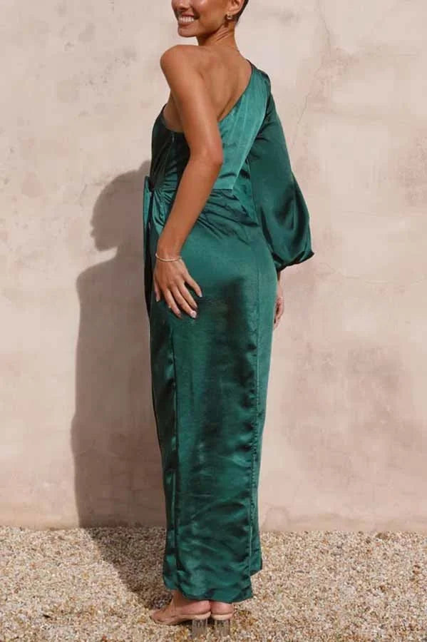 Endearing Romance Satin One Shoulder Front Tie Up Slit Maxi Dress Simple atmospheric beautiful and unique desi