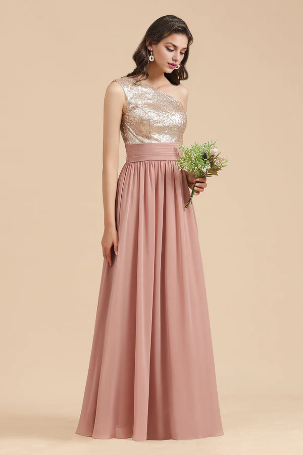 One Shoulder Sequins Dusty Rose Bridesmaid Dresses Simple gentle atmospheric and unique design