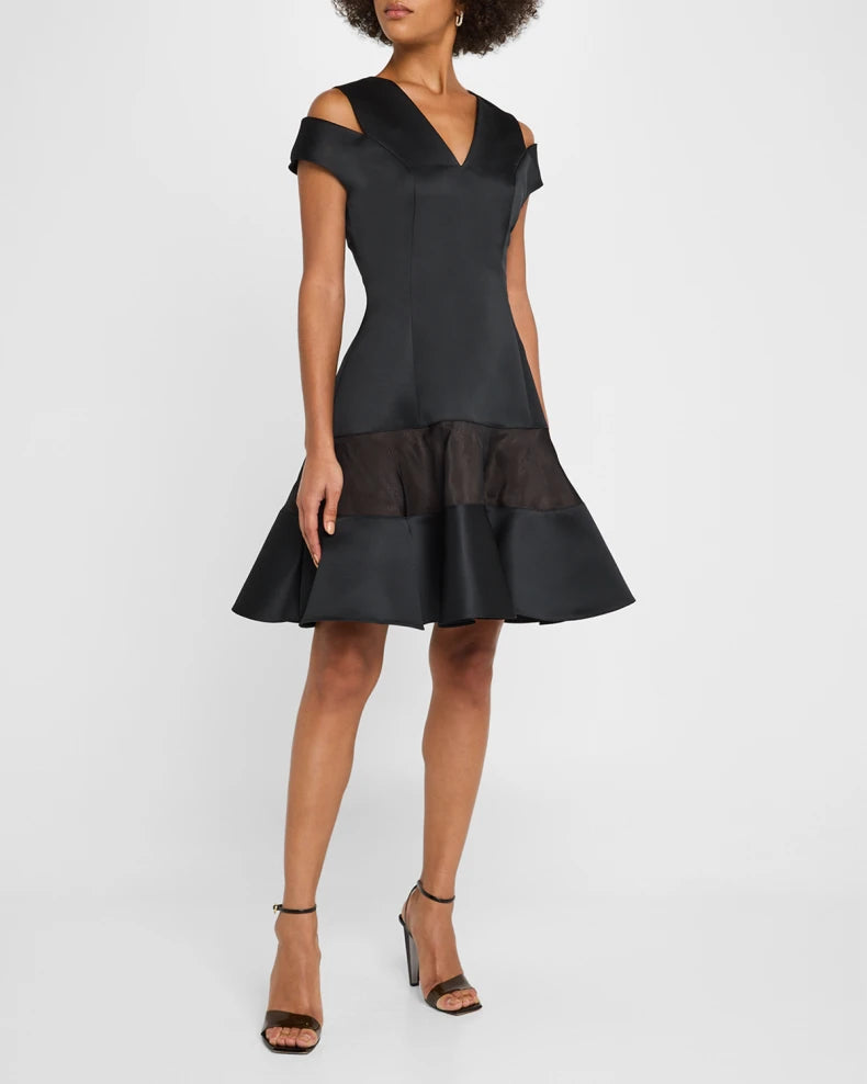 Shoulder Cut Out Flounce Satin Organza Dress Gown Charming and unique design Beautiful generous simple