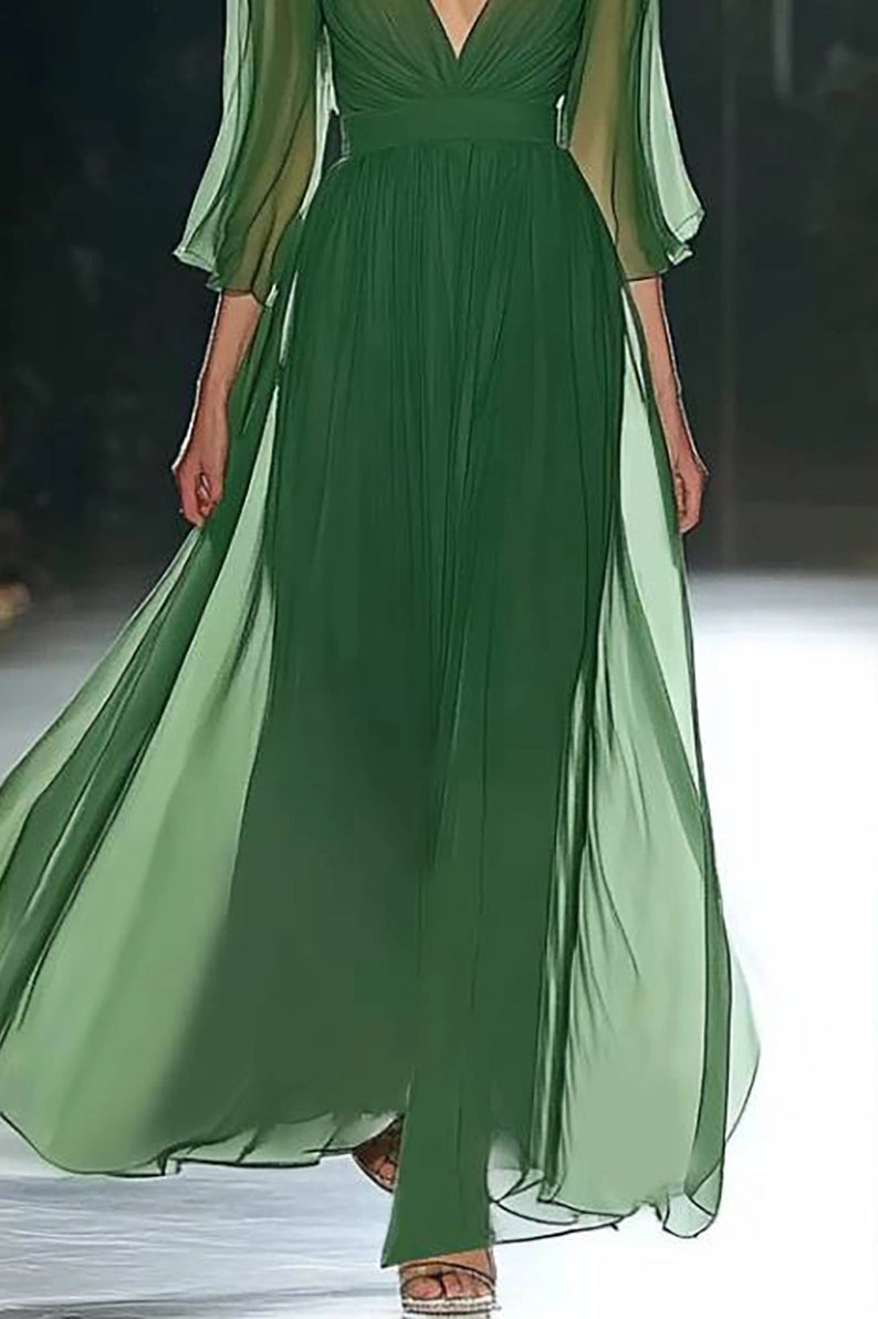 acation Dress Green Chiffon Deep V Maxi Dress Simple beautiful generous and full of charm