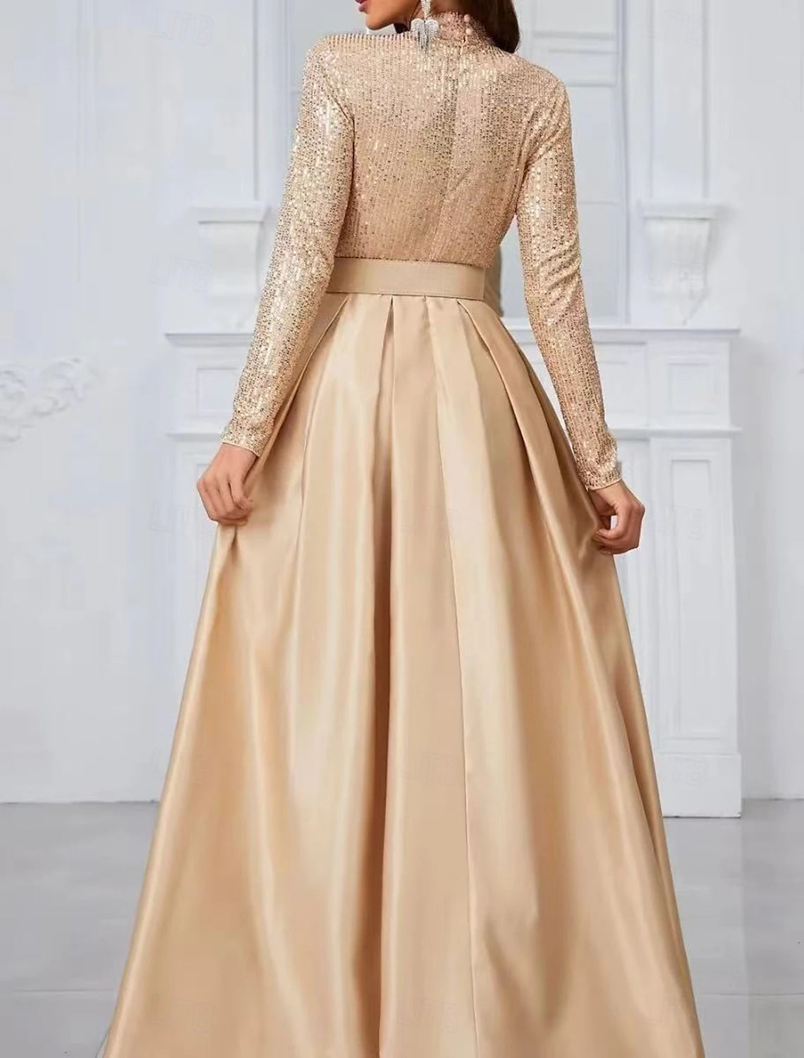 Evening Gown Elegant Dress Evening Party Black Tie Gala Court Train Long Sleeve Stand Collar Belt Sash Cotton Blend Cowl Back with Buttons Sequin