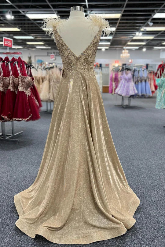 A-Line V-Neck Appliques Feathers Pleated Glitter Prom Formal Dress