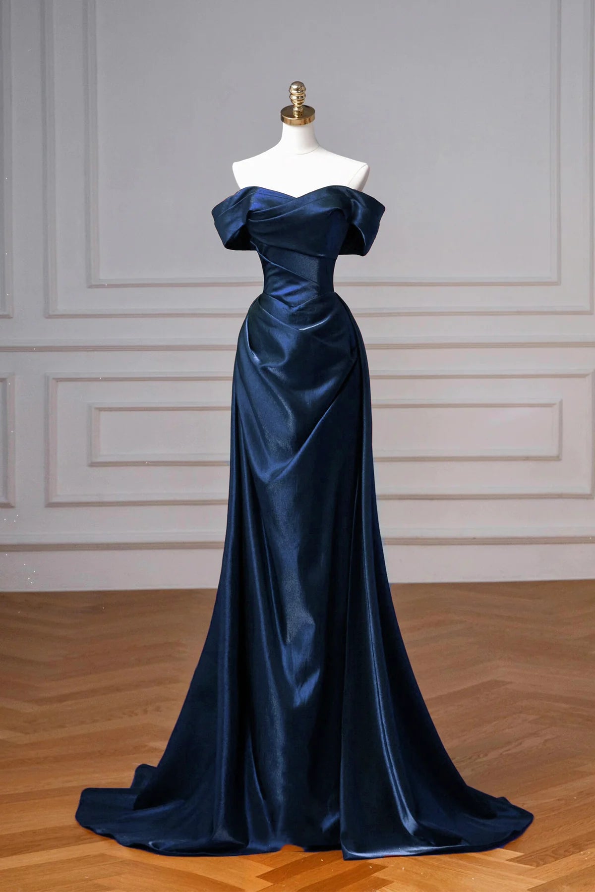 Navy Satin Long Prom Dress Elegant Off the Shoulder Party Dress