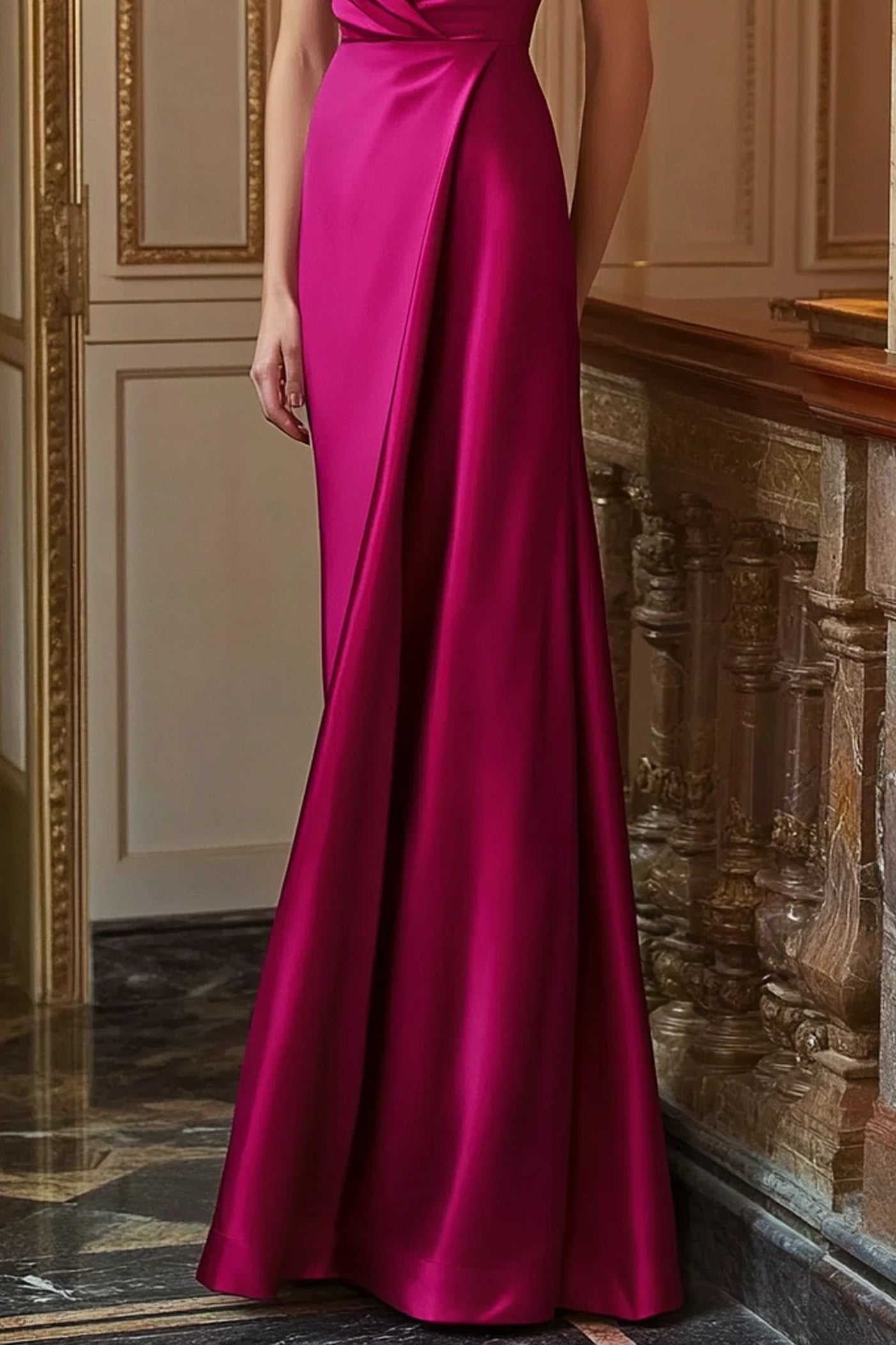 Formal Evening Dress Fuchsia Deep V Satin Floor Dress