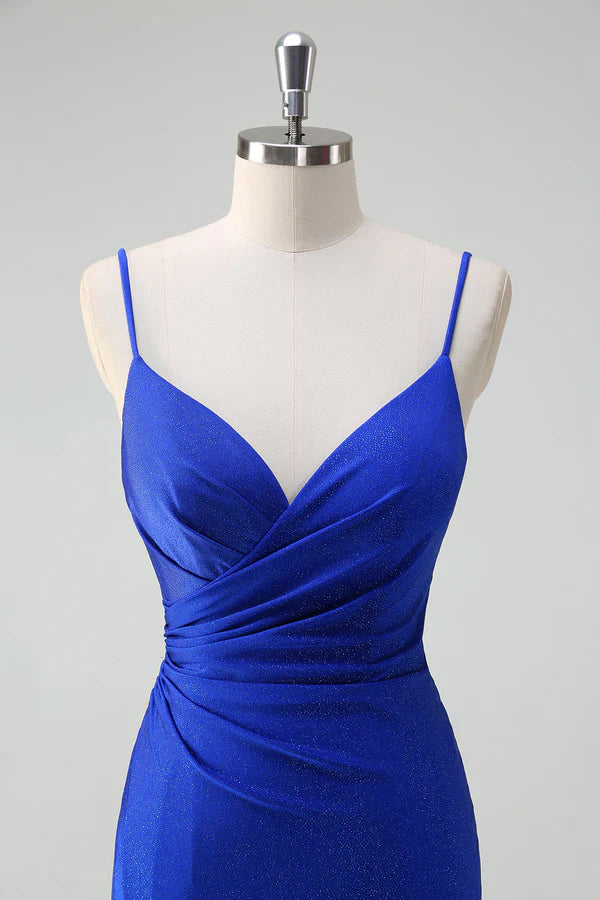 Glitter Royal Blue Mermaid Spaghetti Straps Ruched Long Prom Dress With Slit simple gentle atmospheric and unique desi