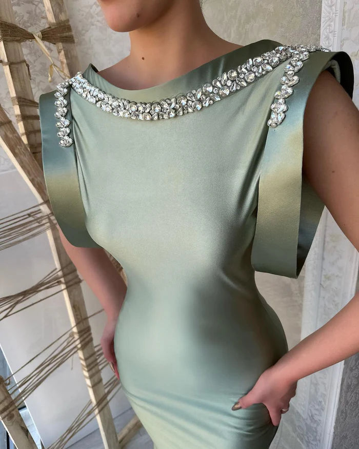 Gorgeous Long Dusty Sage Mermaid Dress Sleeveless Satin With Rhinestone Embellishments Simple gentle atmospheric and unique design