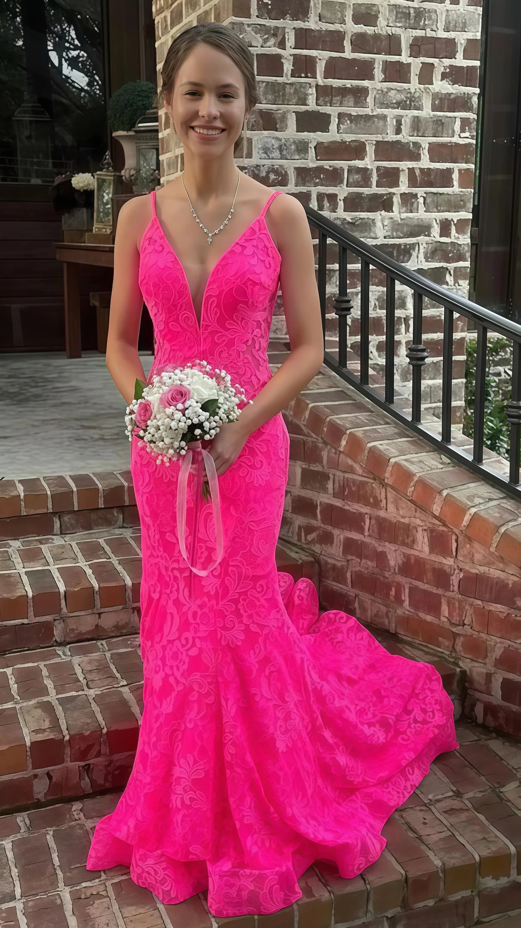 Sexy Mermaid Beautiful elegant and unique design Prom Dress Sweet Pink Lace Mermaid Long Prom Dress