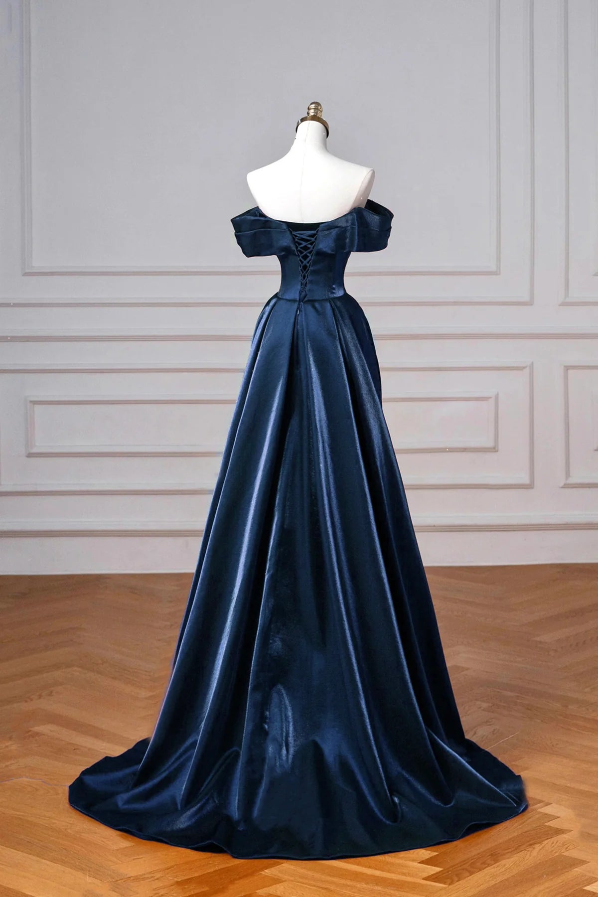 Navy Satin Long Prom Dress Elegant Off the Shoulder Party Dress