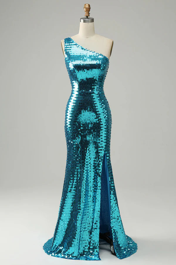 Sparkly Blue Sequins One Shoulder Long Prom Dress with Slit Simple gentle atmospheric and unique design