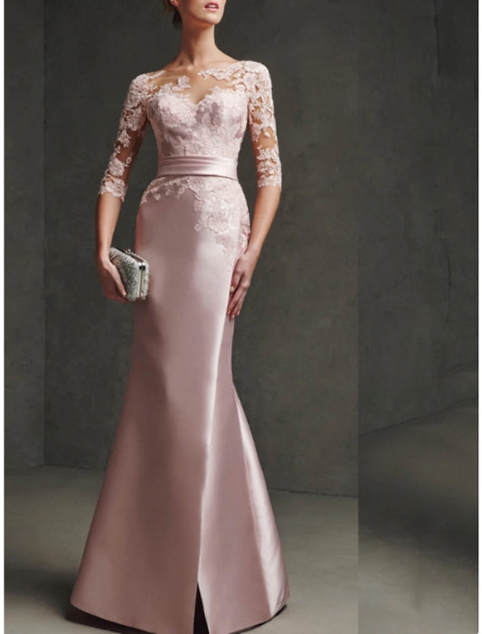Mermaid Mother of the Bride Dress Formal Formal Evening Elegant Party Scoop Neck Floor Length Satin Lace 3/4 Length Sleeve with Pleats Split Front