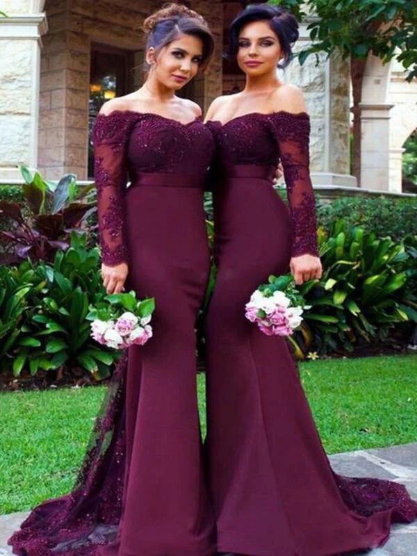 Custom Made Off Shoulder Mermaid Maroon Long Sleeves Lace Prom Dresses Burgundy Lace Bridesmaid Dresses Formal Dresses
