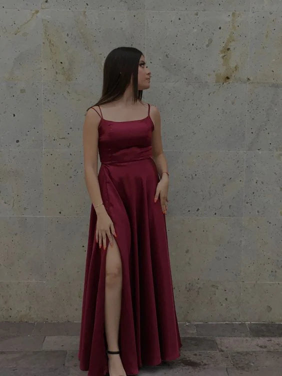 Burgundy Long Satin Prom Dresses Simple atmospheric gentle