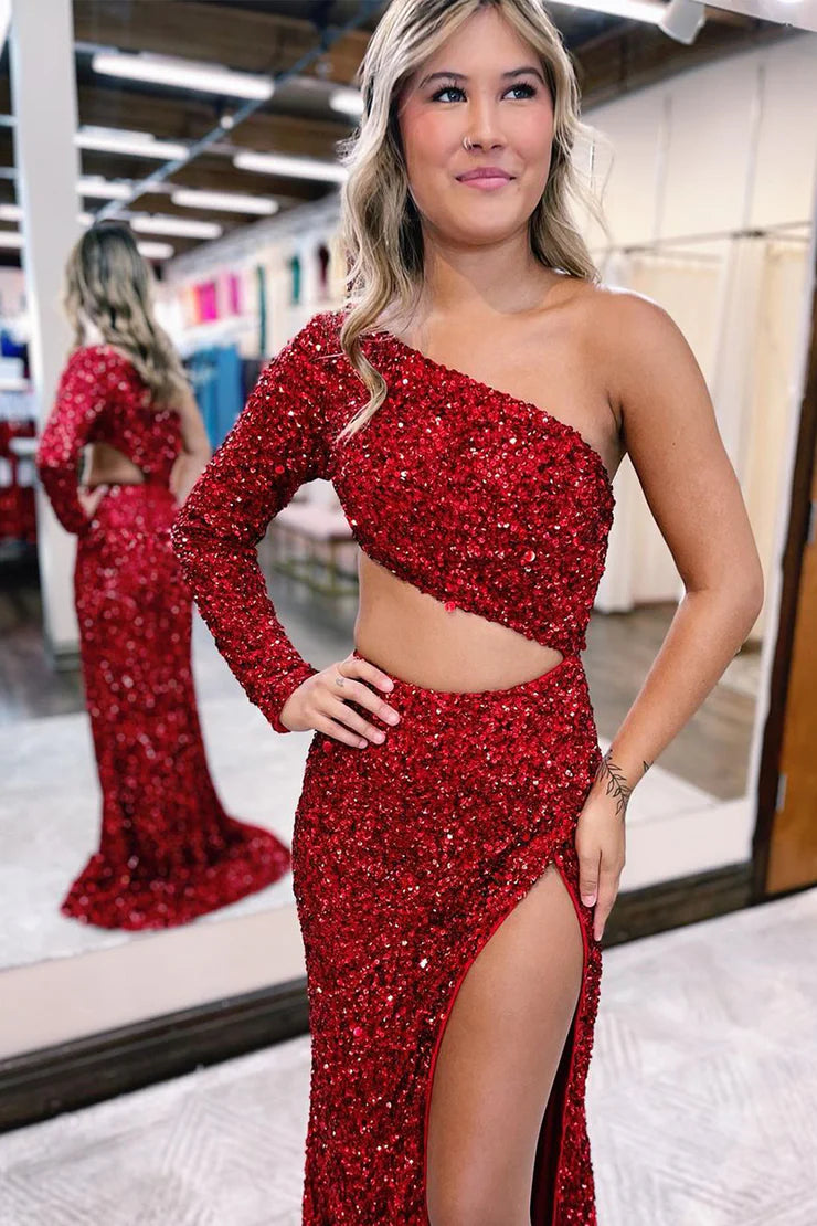 Charming Mermaid One Shoulder Dark Red Sequins Prom Dresses with Slit