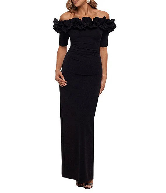 Ruffled Off-the-Shoulder Short Sleeve Crepe Sheath Gown