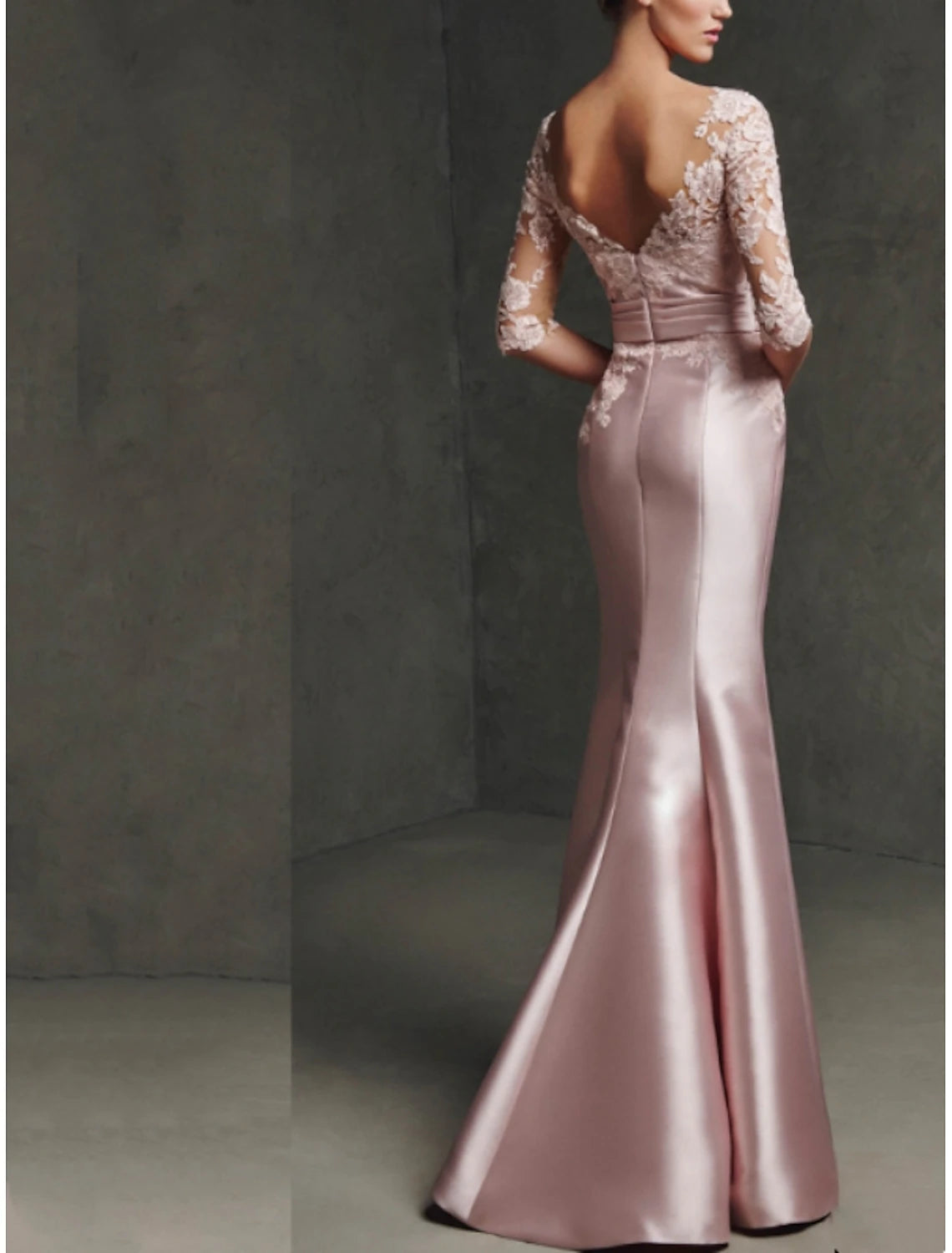 Mermaid Mother of the Bride Dress Formal Formal Evening Elegant Party Scoop Neck Floor Length Satin Lace 3/4 Length Sleeve with Pleats Split Front