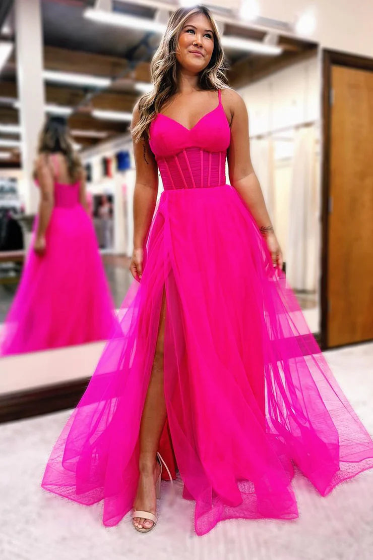 Cute A Line Sweetheart Pink Tulle Prom Dress with Slit