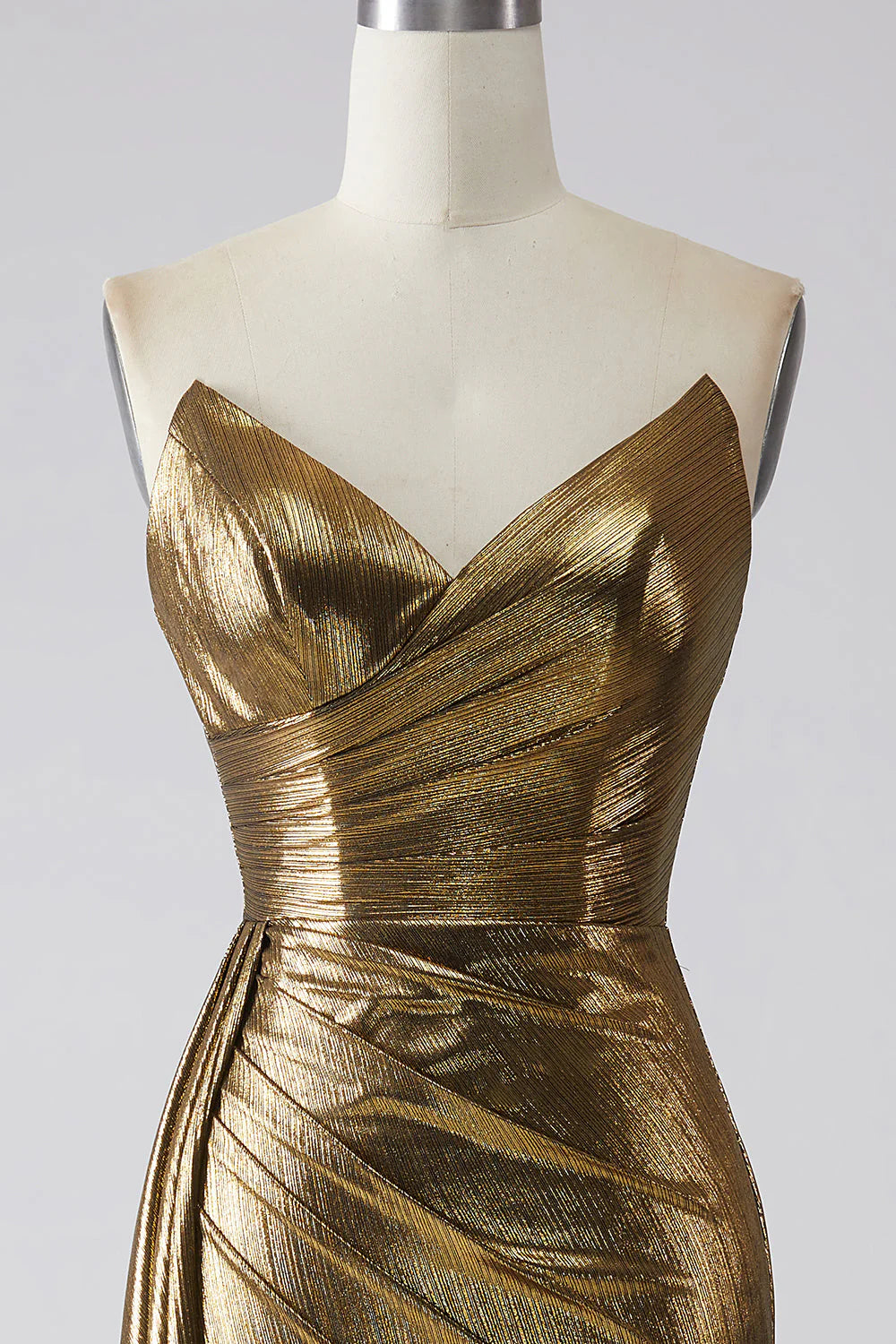 Metallic Mermaid Strapless Streamer Long Prom Dress with Slit