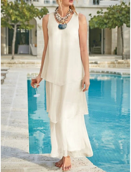 Beach Wedding Sheath Mother of the Bride Dress Wedding Guest Elegant Simple V Neck Ankle Length Chiffon Sleeveless with Tier Solid
