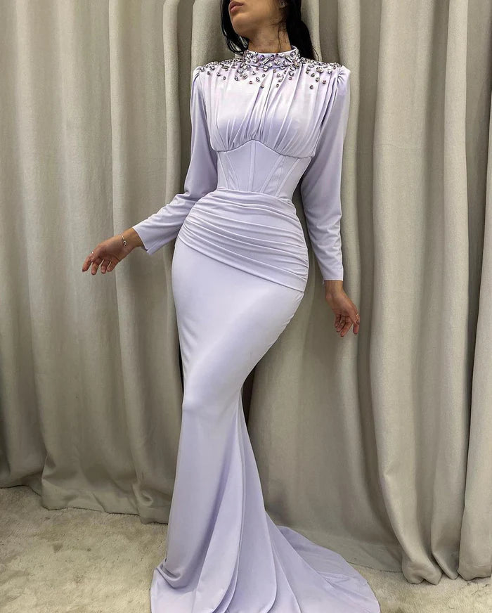 Elegant Long Mermaid Dress With High Neck Satin Crystal Finish And Long SleevesSimple gentle atmospheric and unique design