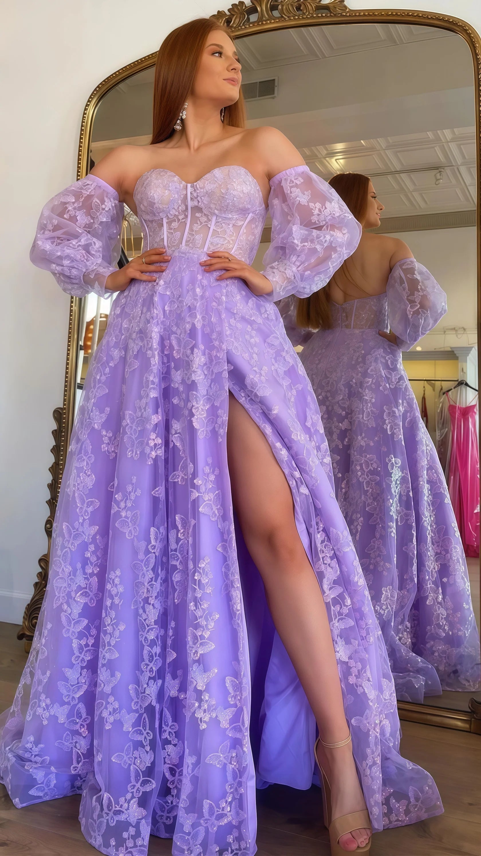 Sexy Mermaid Beautiful elegant and unique design Prom Dress Chic Lilac A-Line Split Prom Dress Bubble Sleeves Lace Prom Gala Dress