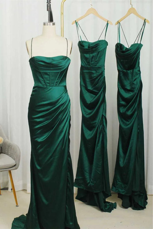 Straps Dark Mermaid Long Bridesmaid Dress Modest Satin Formal Dresses
