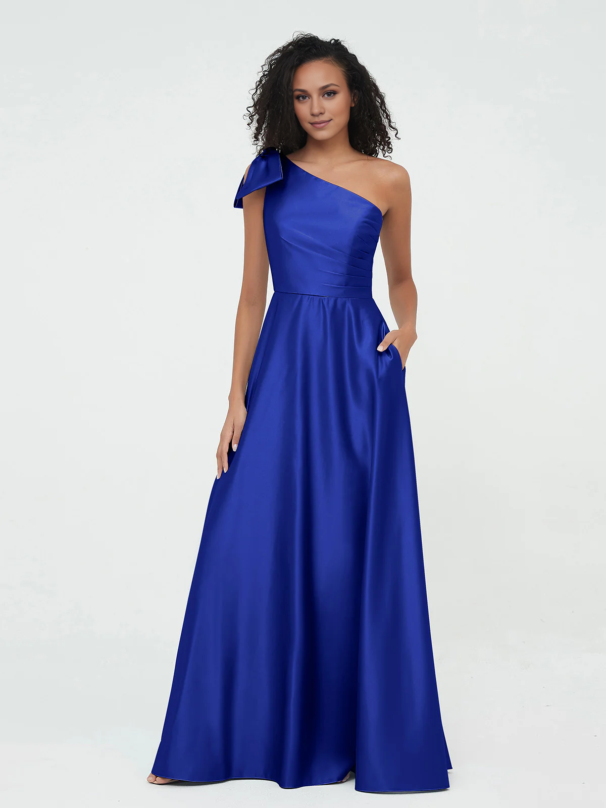 One-Shoulder Long Satin Dresses with Pockets-Royal Blue Simple gentle atmospheric and unique design