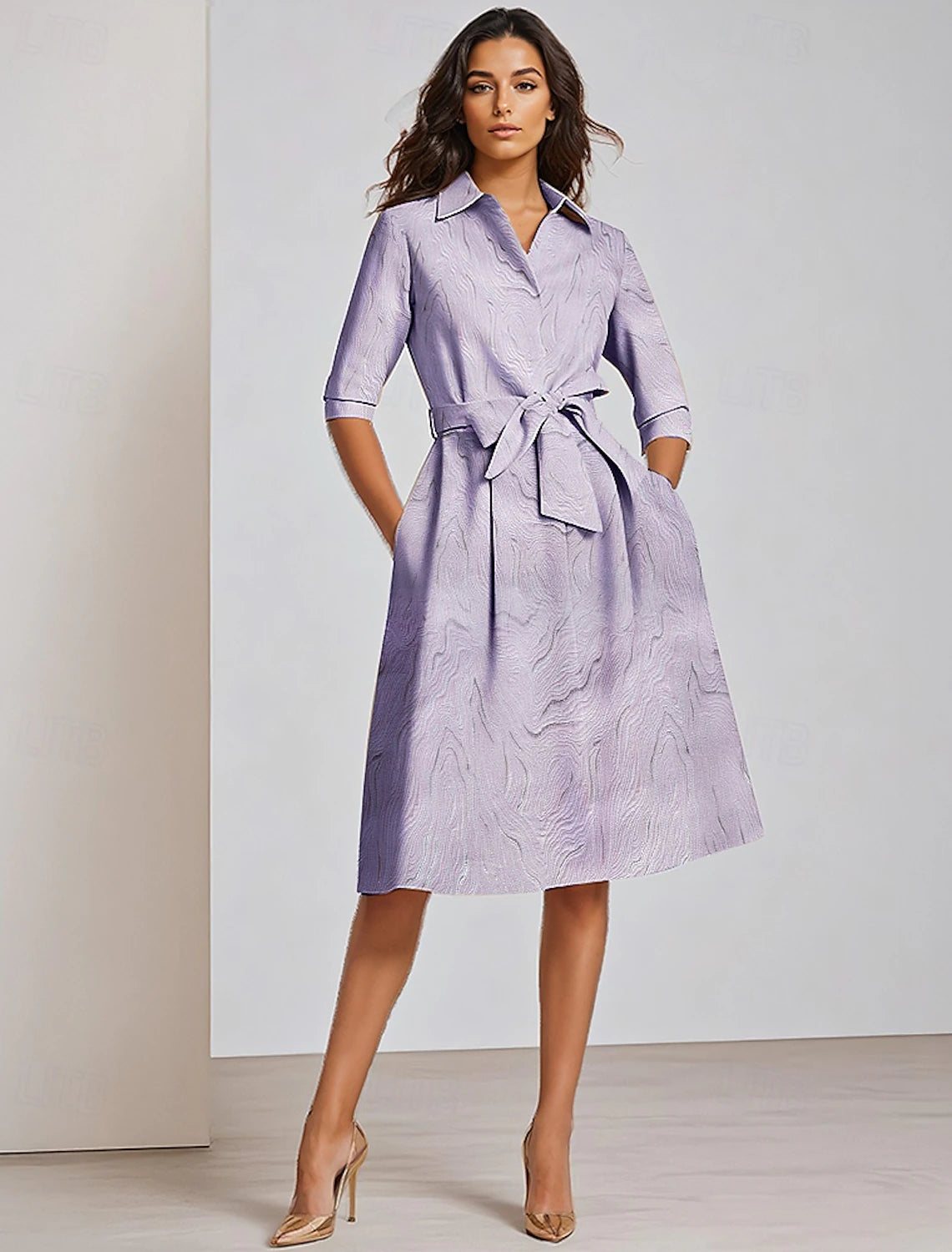 Metallic Marble Jacquard A-Line Mother of the Bride Dress Elegant Simple Luxurious Shirt Collar Tea Length Brocade Half Sleeve with Belt Bow(s) Wedding Guest Dres