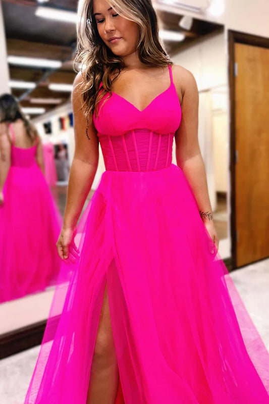 Cute A Line Sweetheart Pink Tulle Prom Dress with Slit