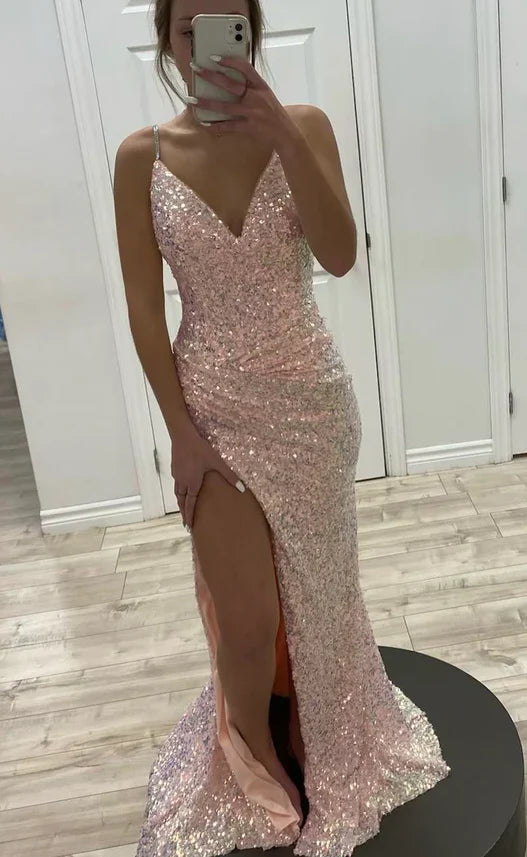 Pink sequins long prom dress mermaid evening dress