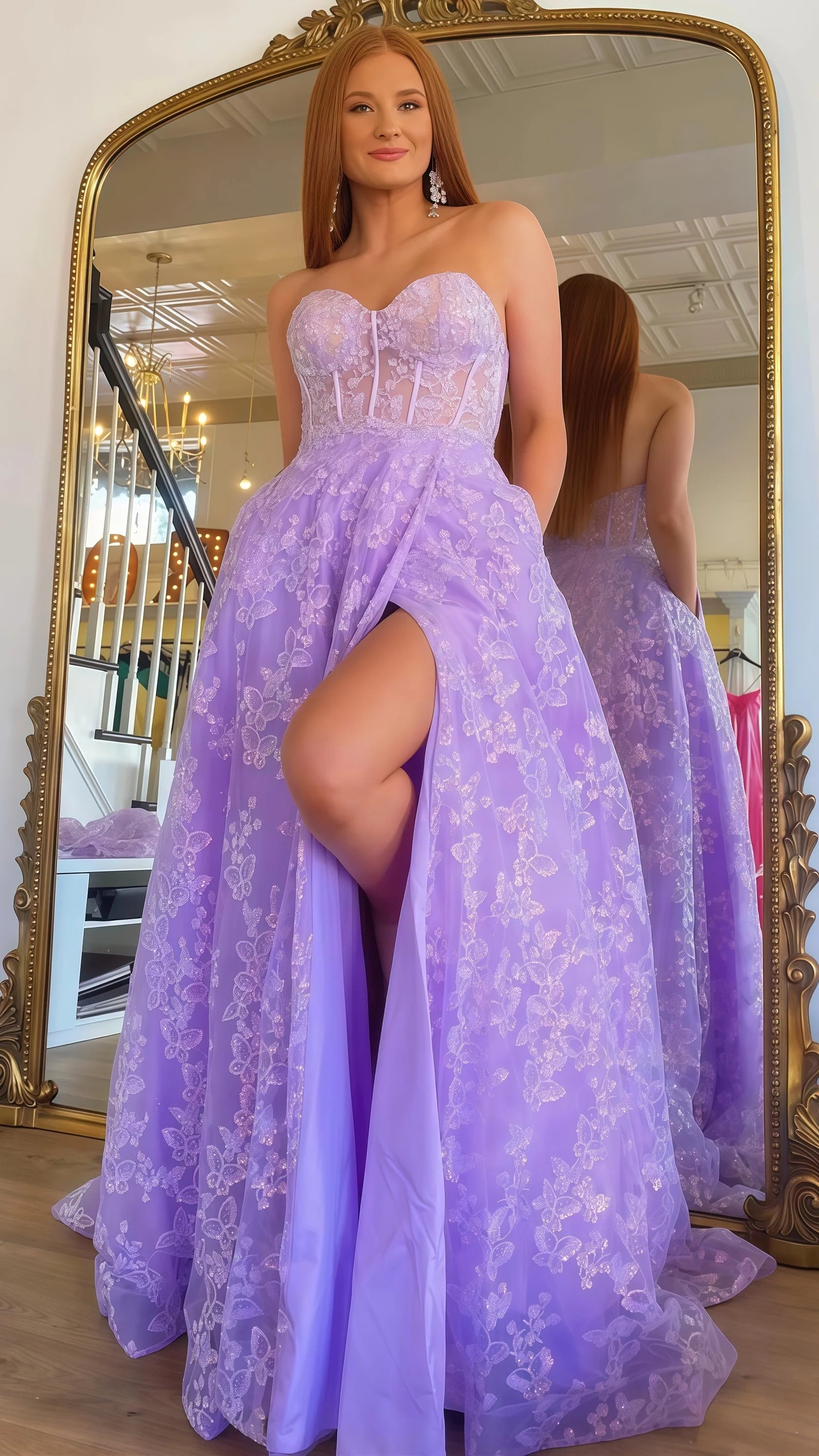 Sexy Mermaid Beautiful elegant and unique design Prom Dress Chic Lilac A-Line Split Prom Dress Bubble Sleeves Lace Prom Gala Dress