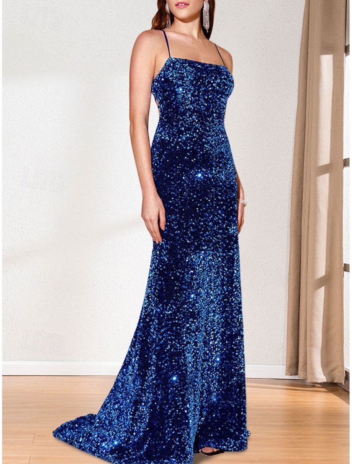 Mermaid Trumpet Mother of the Bride Dress Formal Evening Church Elegant Sparkle Shine Open Back Spaghetti Strap Strapless Straight Neckline Sweep Brush Train Satin Spandex Sleeveless