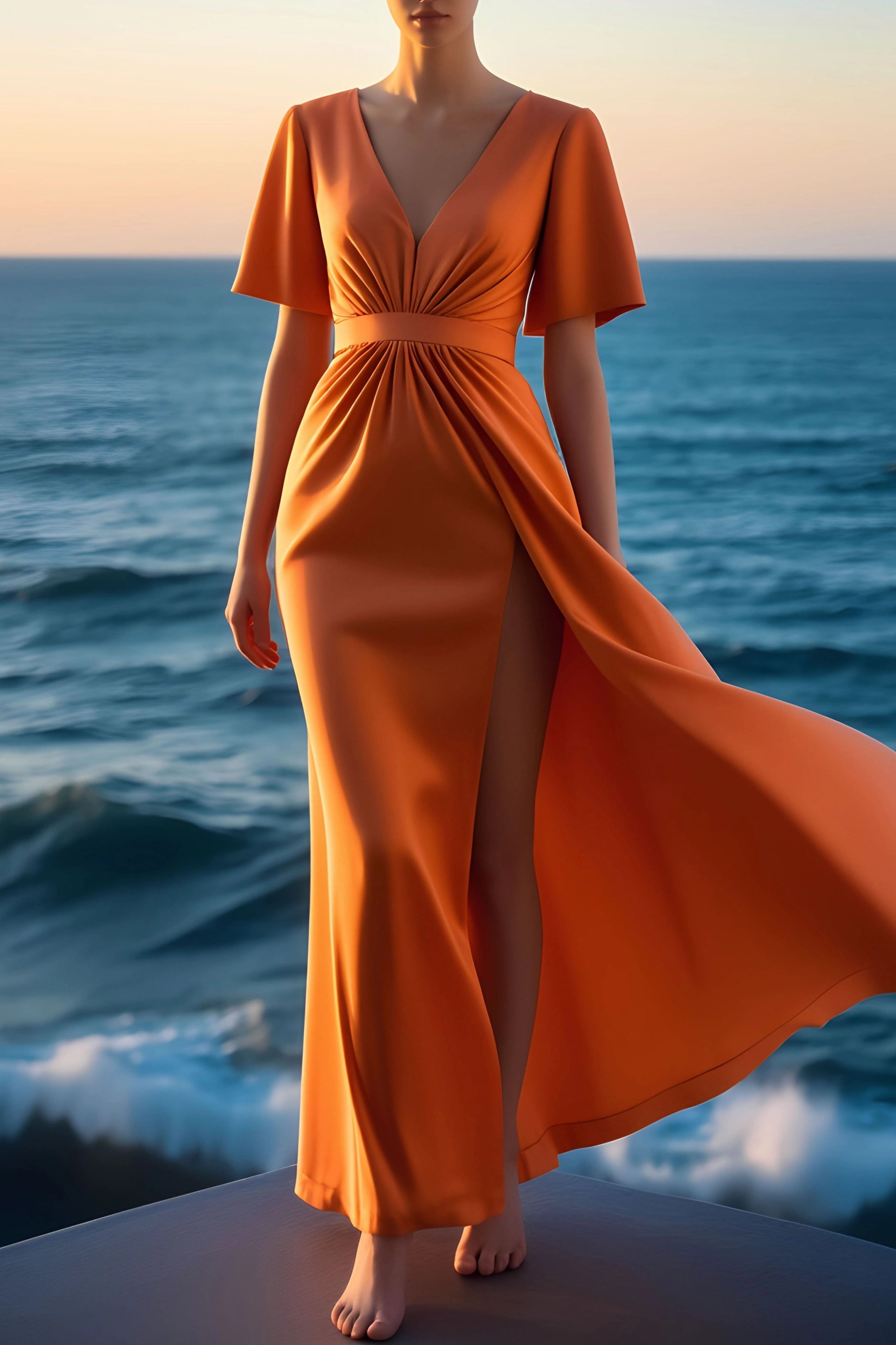 Evening Formal Dress Orange V-neck High Slit Maxi Dress Simple beautiful generous and full of charm