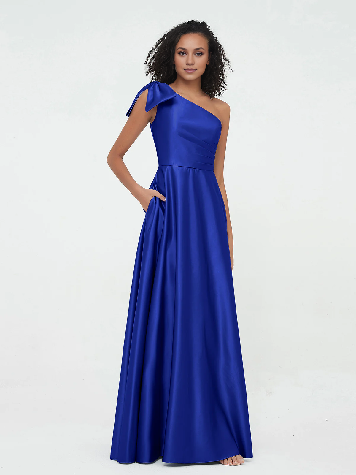 One-Shoulder Long Satin Dresses with Pockets-Royal Blue Simple gentle atmospheric and unique design
