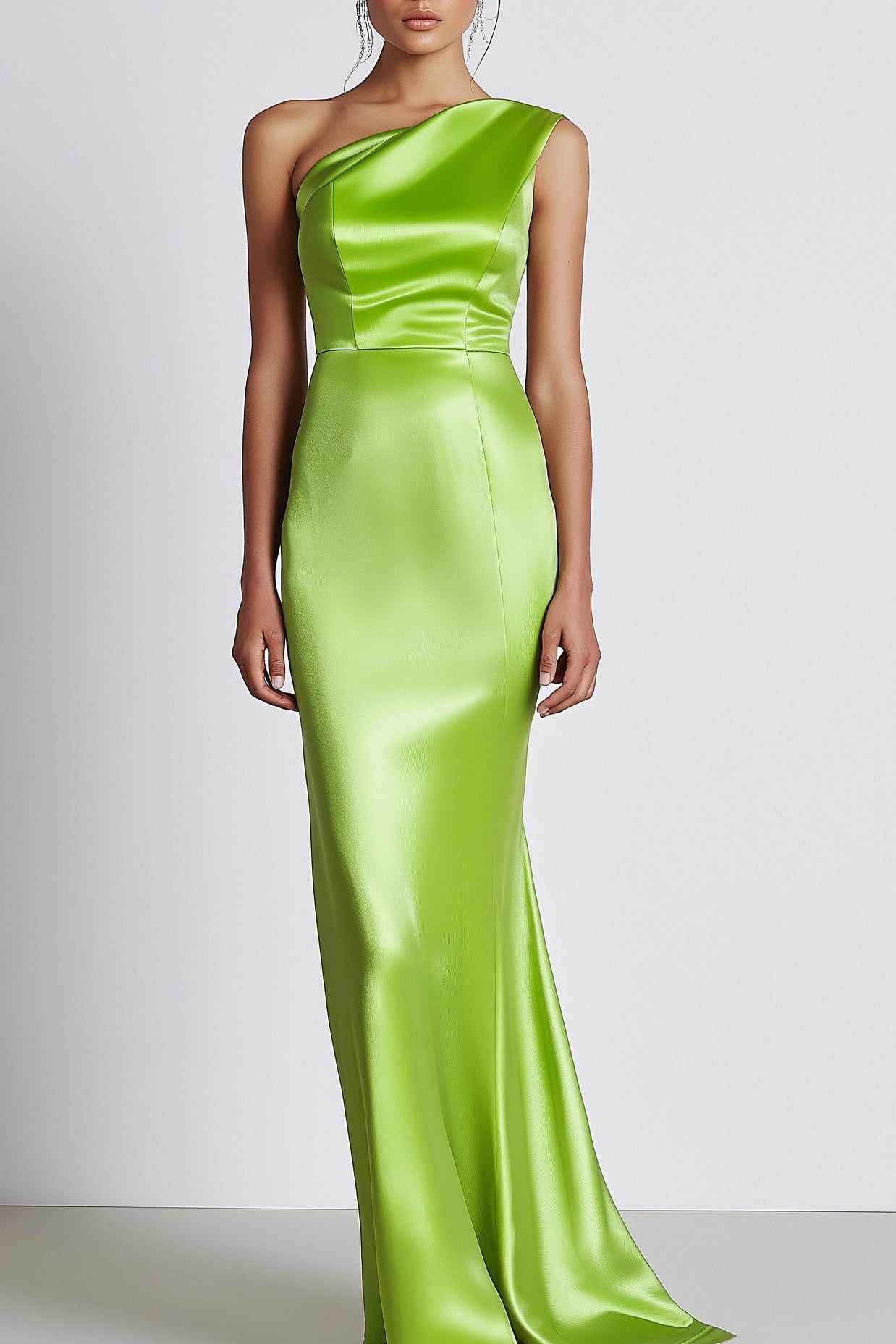 Evening Formal Dress Green Satin One Shoulder Floor-Length Dress