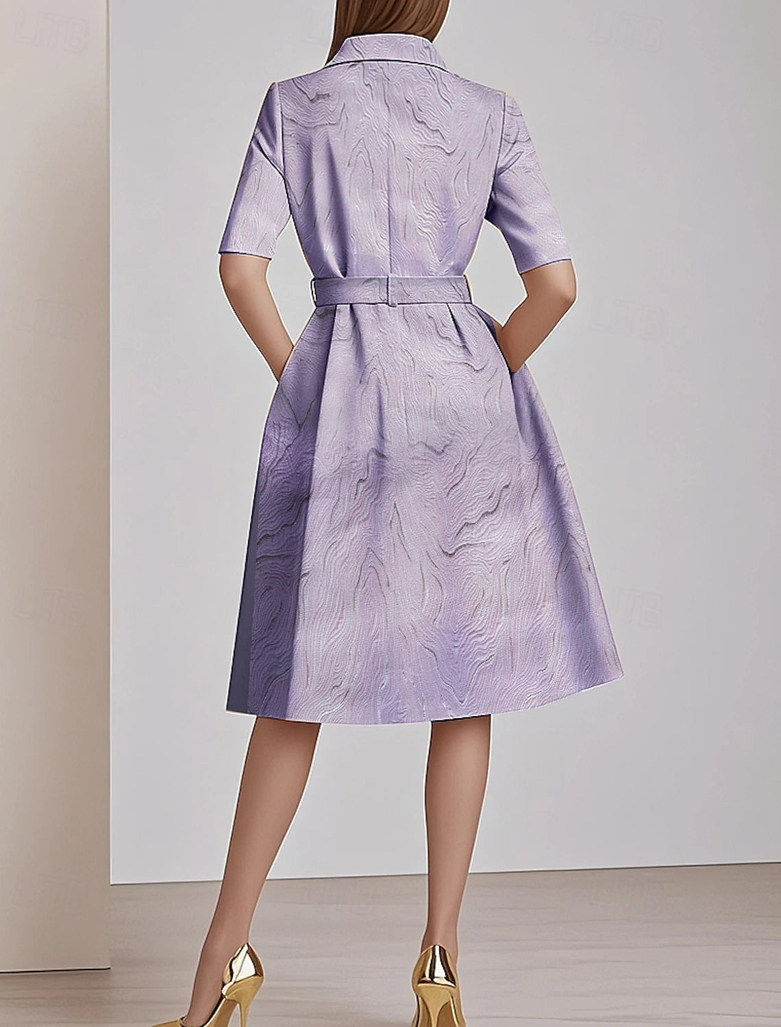 Metallic Marble Jacquard A-Line Mother of the Bride Dress Elegant Simple Luxurious Shirt Collar Tea Length Brocade Half Sleeve with Belt Bow(s) Wedding Guest Dres