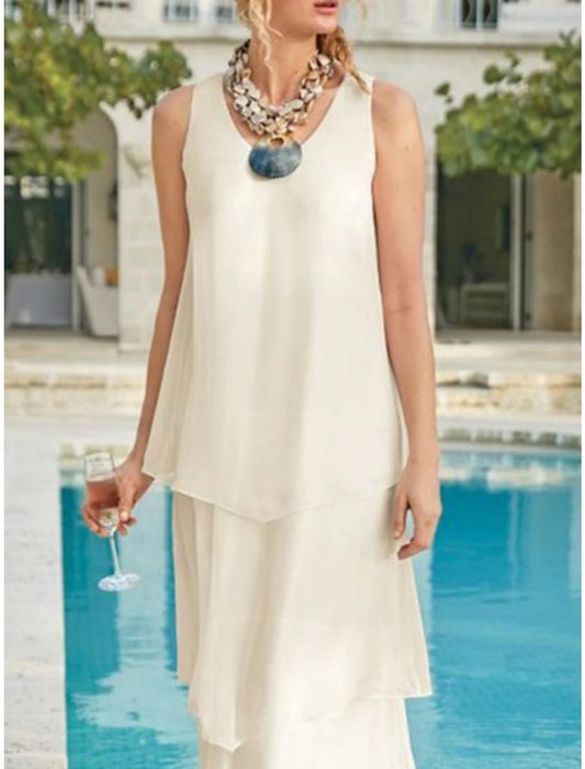 Beach Wedding Sheath Mother of the Bride Dress Wedding Guest Elegant Simple V Neck Ankle Length Chiffon Sleeveless with Tier Solid