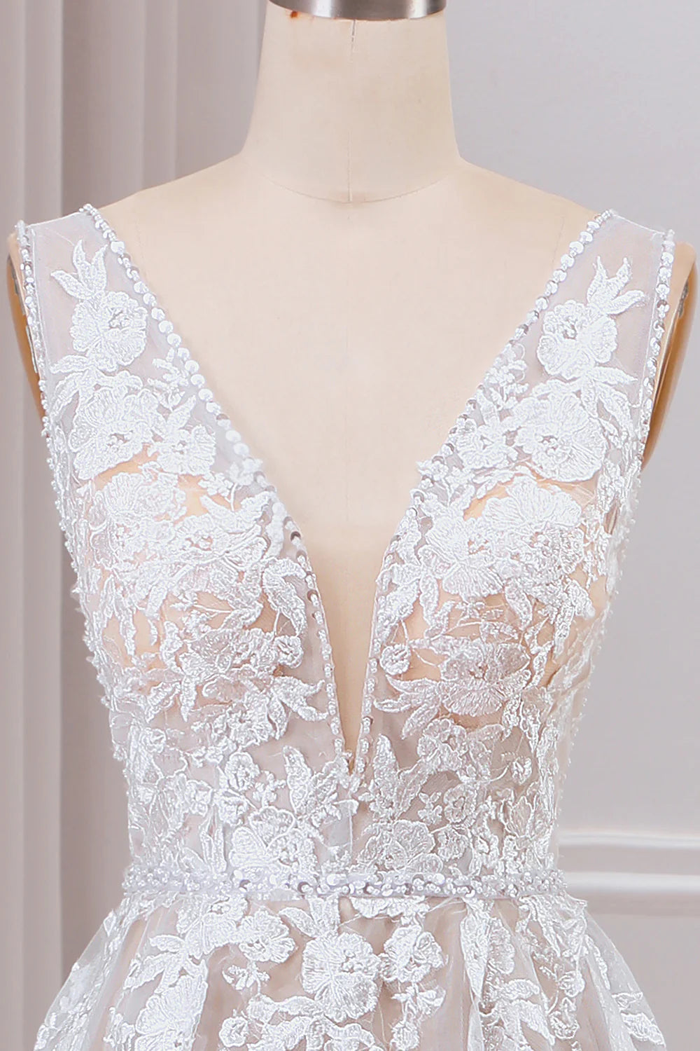 A Line V-Neck Sweep Train Ivory Wedding Dress With Lace