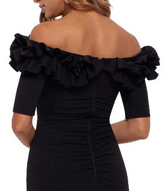 Ruffled Off-the-Shoulder Short Sleeve Crepe Sheath Gown
