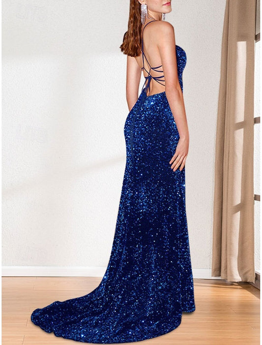 Mermaid Trumpet Mother of the Bride Dress Formal Evening Church Elegant Sparkle Shine Open Back Spaghetti Strap Strapless Straight Neckline Sweep Brush Train Satin Spandex Sleeveless