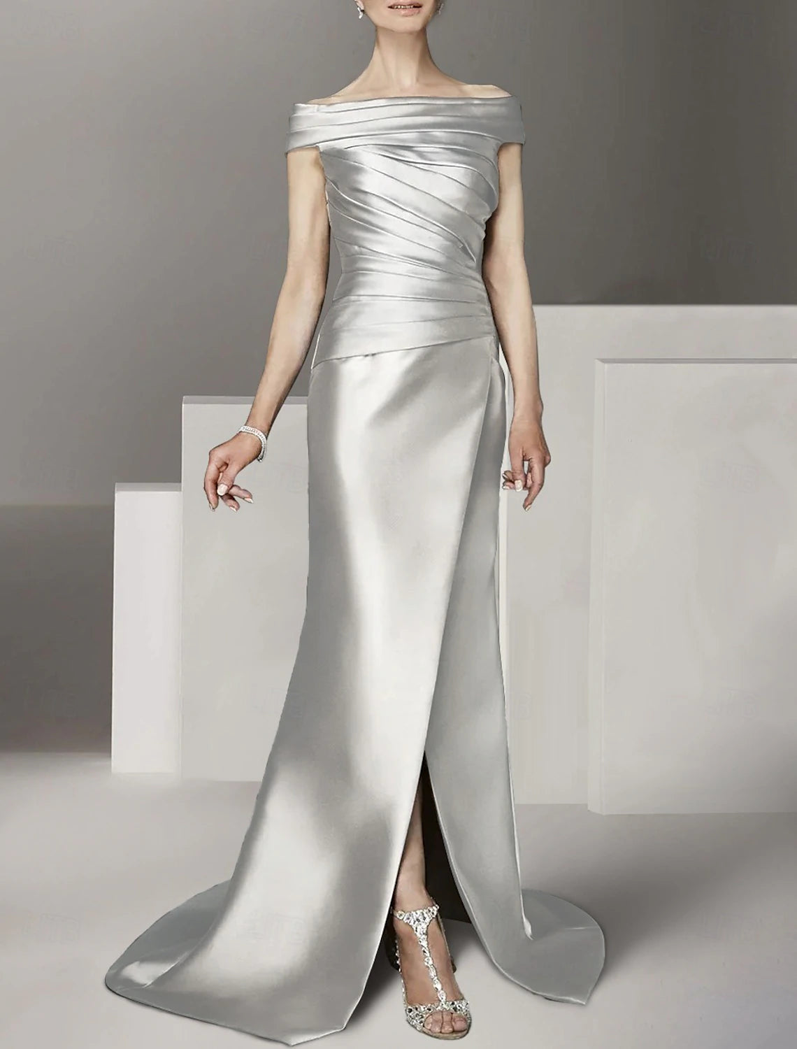 A-Line Mother of the Bride Dress Formal Wedding Guest Elegant Scoop Neck Off Shoulder Floor Length Ankle Length Italy Satin Cap Sleeve with Ruching