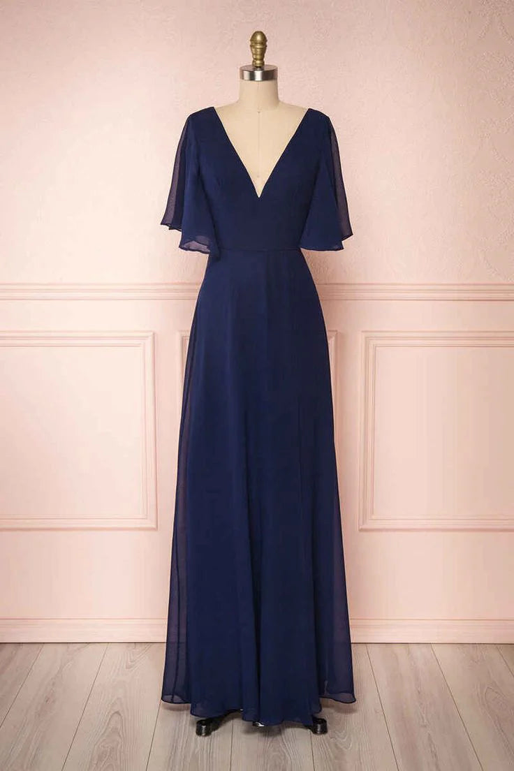 Chiffon V-Neck Ruffled Sleeve Long Bridesmaid Dress Modest Formal Dresses