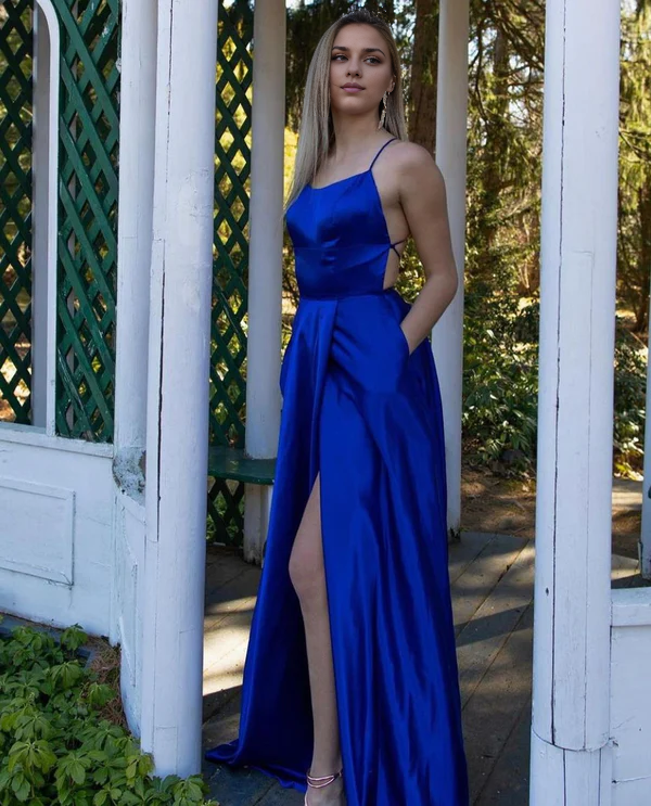 Royal Blue Spaghetti-Strap Prom Dress With Split Simple gentle atmospheric and unique design