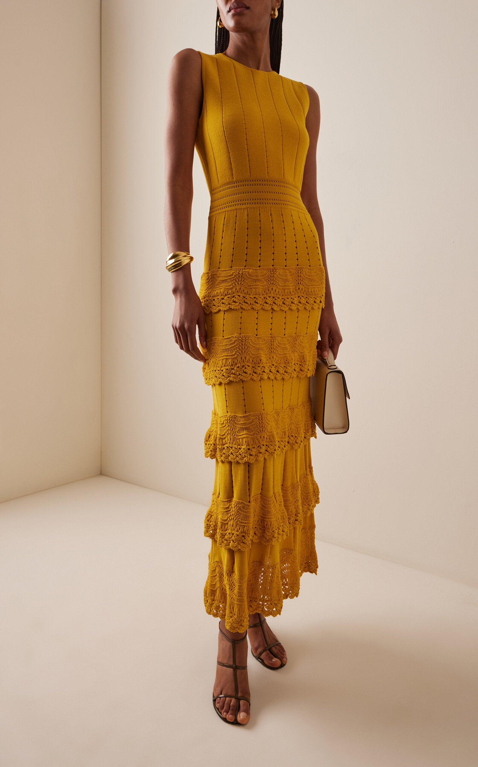 Ladies' Spring And Summer Vacation Dating Pleat Tie Piper Crocheted Cotton-Blend Knit Maxi Dress