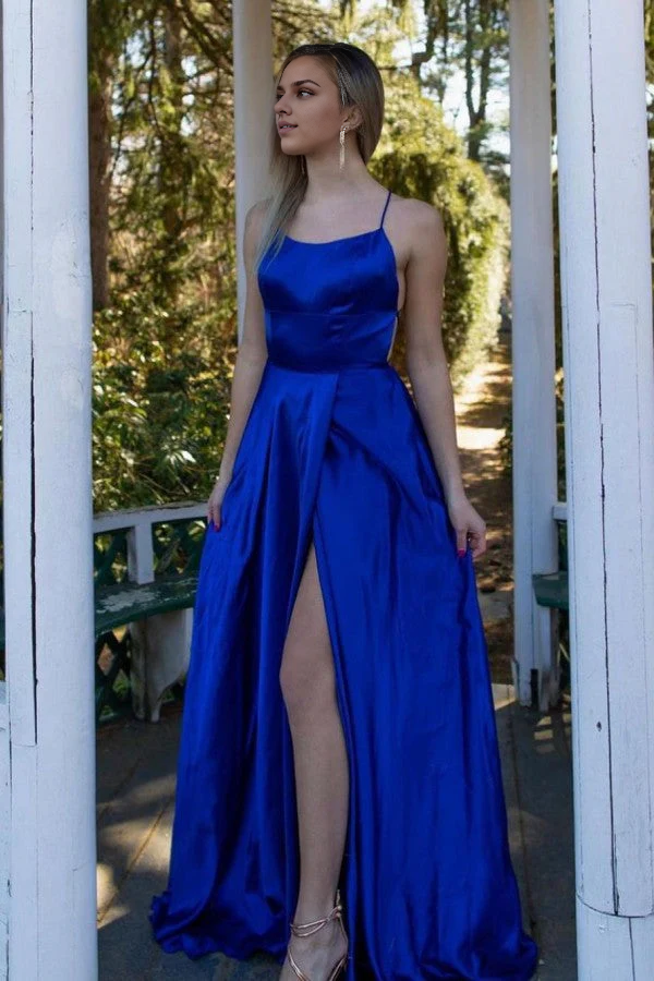 Royal Blue Spaghetti-Strap Prom Dress With Split Simple gentle atmospheric and unique design
