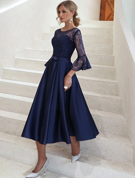 Dress Mother of the Bride Dress Formal Elegant Vintage Illusion Neck Jewel Neck Ankle Length Satin Lace Length Sleeve with Lace Solid Color